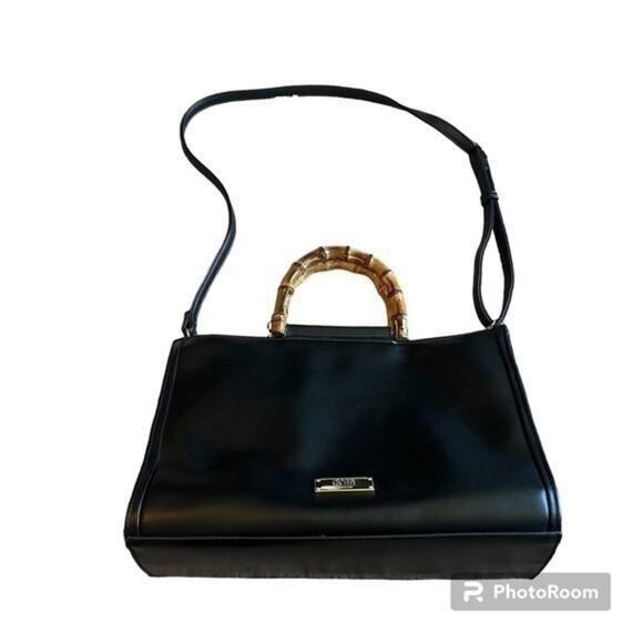 Jones New York black faux leather satchel cross body purse with bamboo handles - Picture 1 of 11